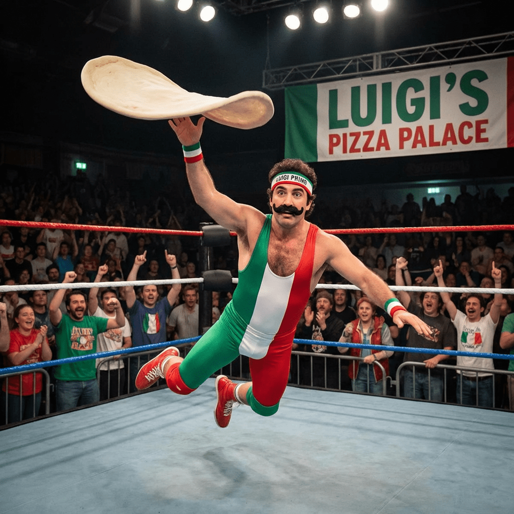 Wrestler Luigi Primo tosses pizza dough mid-jump at a Luigi's Pizza Palace event.