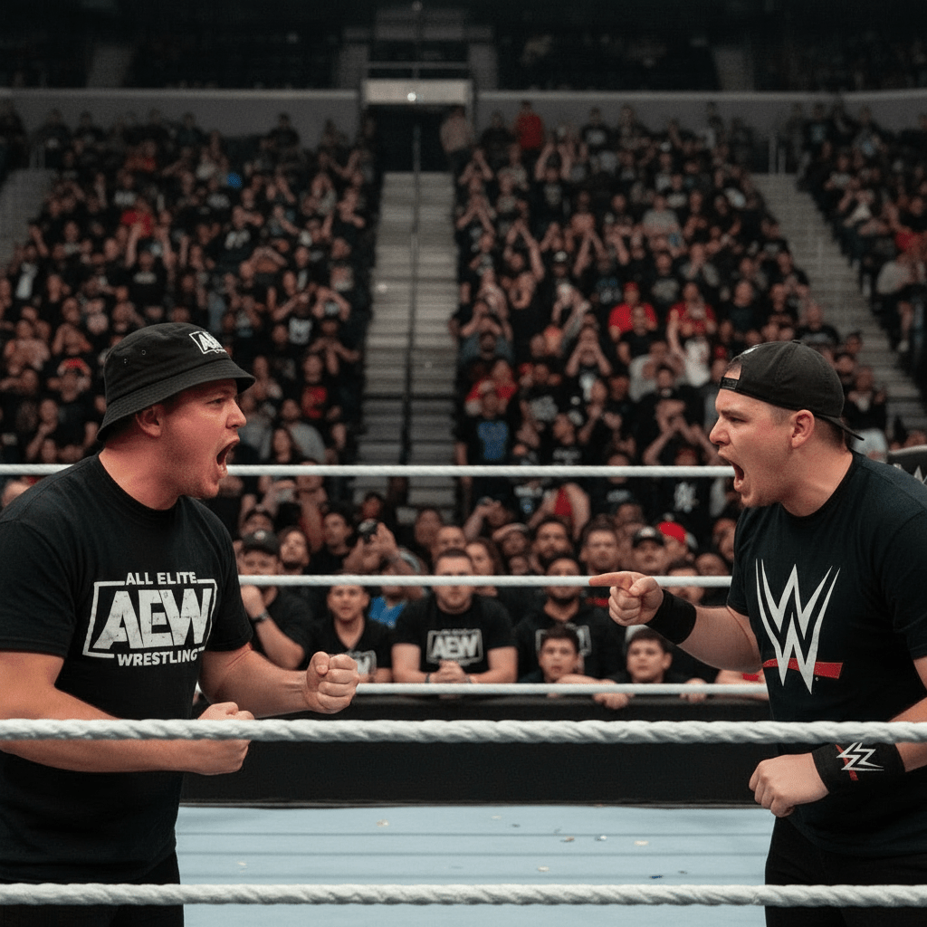 Rival fans wearing AEW and WWE merchandise shout at each other across a security barrier.